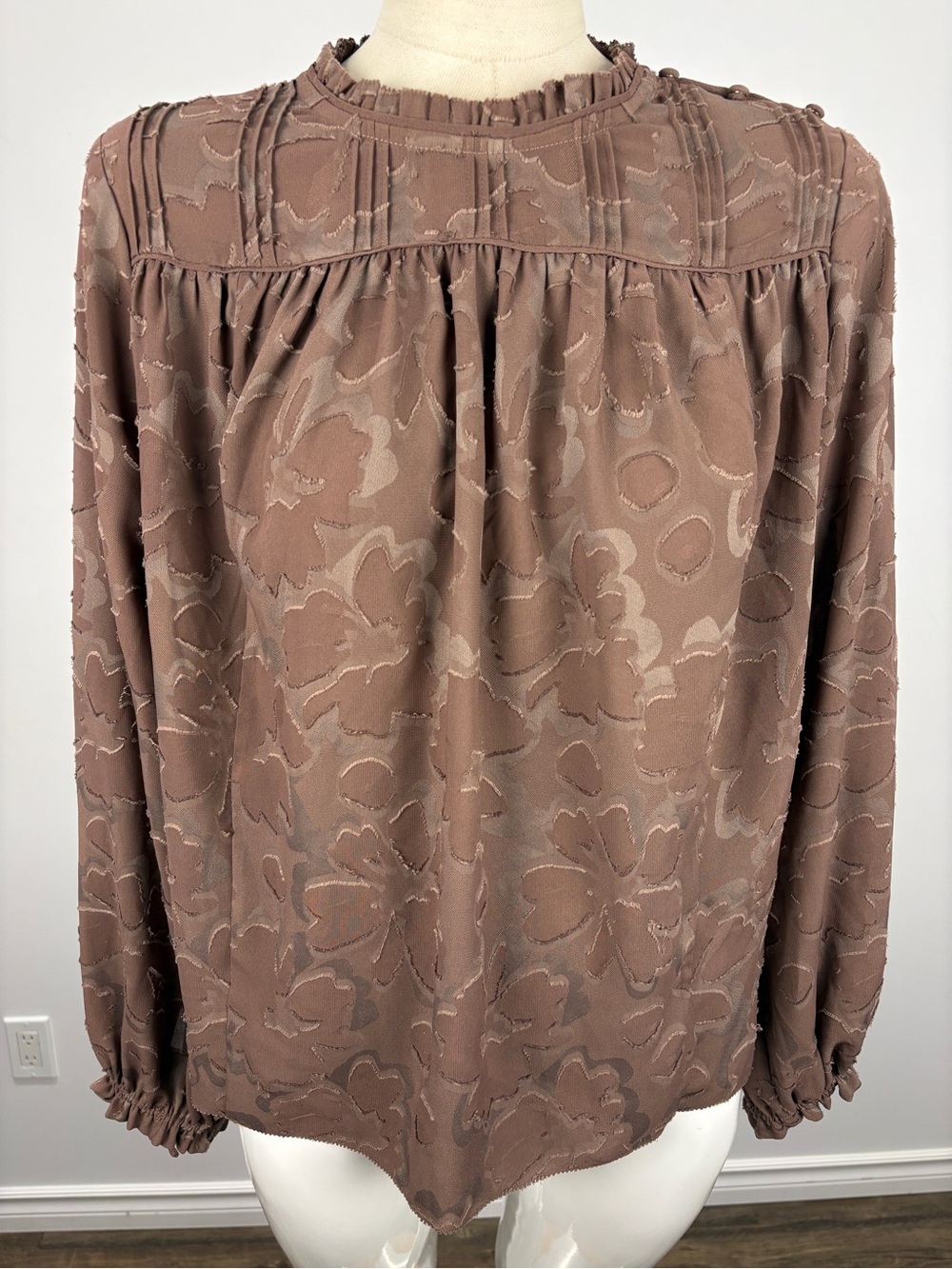 Aritzia Wilfred Lourdes Floral Jacquard Ruffle Blouse Mauve S